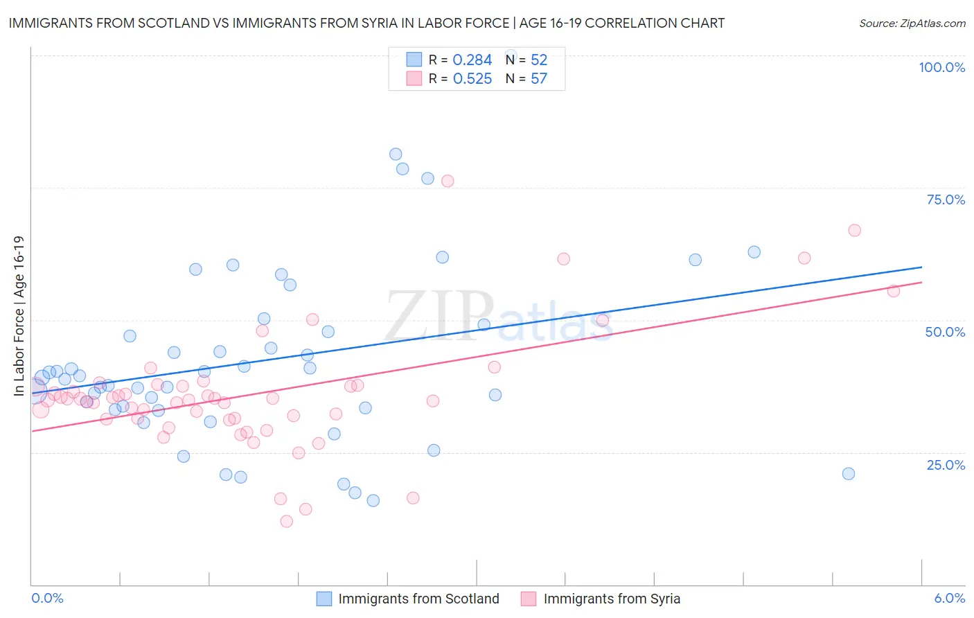 Immigrants from Scotland vs Immigrants from Syria In Labor Force | Age 16-19