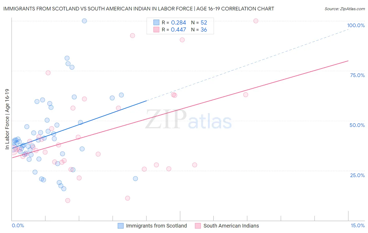 Immigrants from Scotland vs South American Indian In Labor Force | Age 16-19