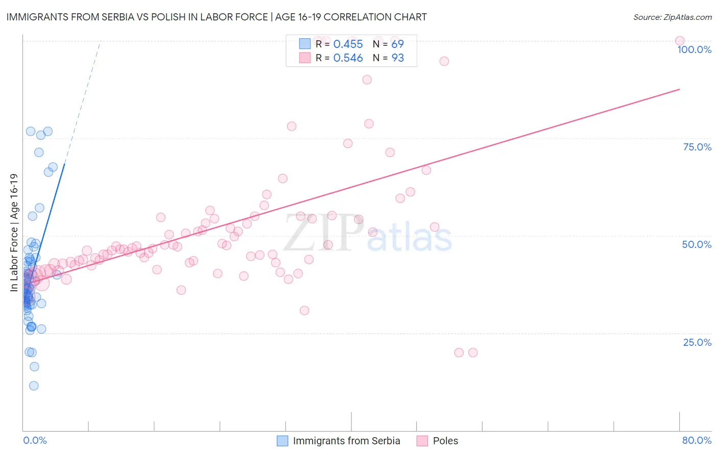Immigrants from Serbia vs Polish In Labor Force | Age 16-19