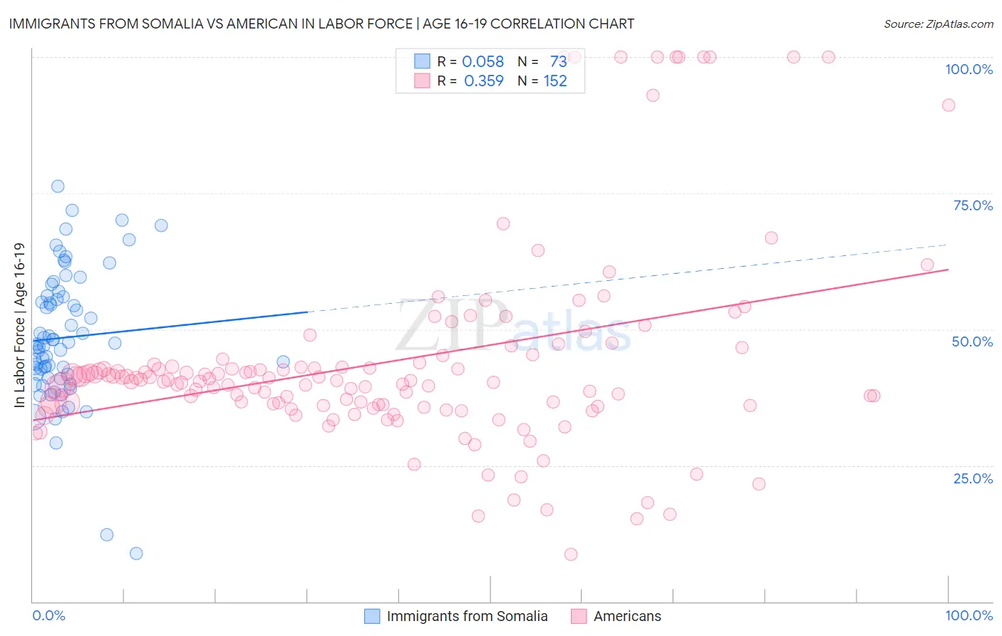Immigrants from Somalia vs American In Labor Force | Age 16-19