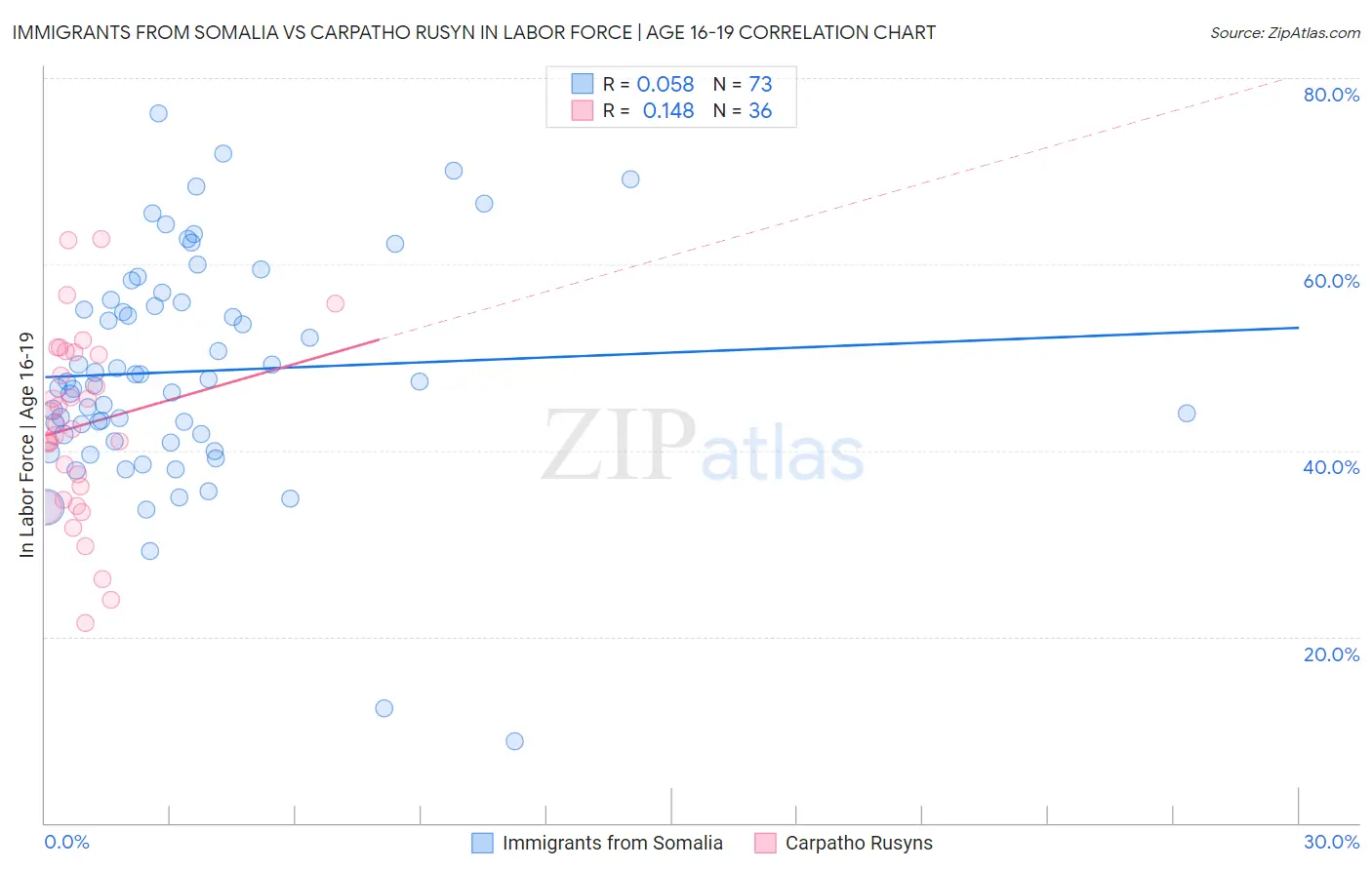 Immigrants from Somalia vs Carpatho Rusyn In Labor Force | Age 16-19