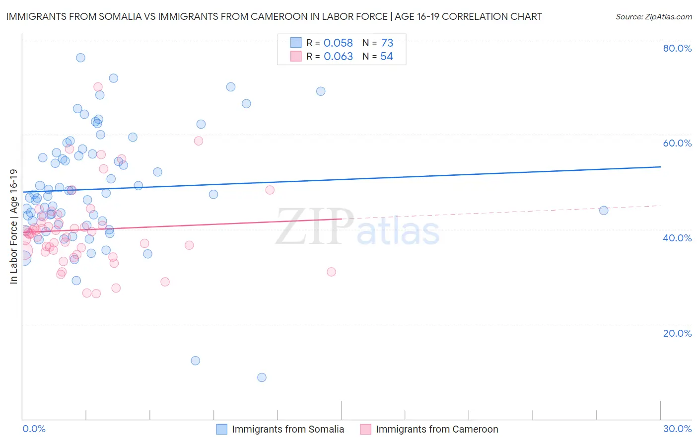 Immigrants from Somalia vs Immigrants from Cameroon In Labor Force | Age 16-19
