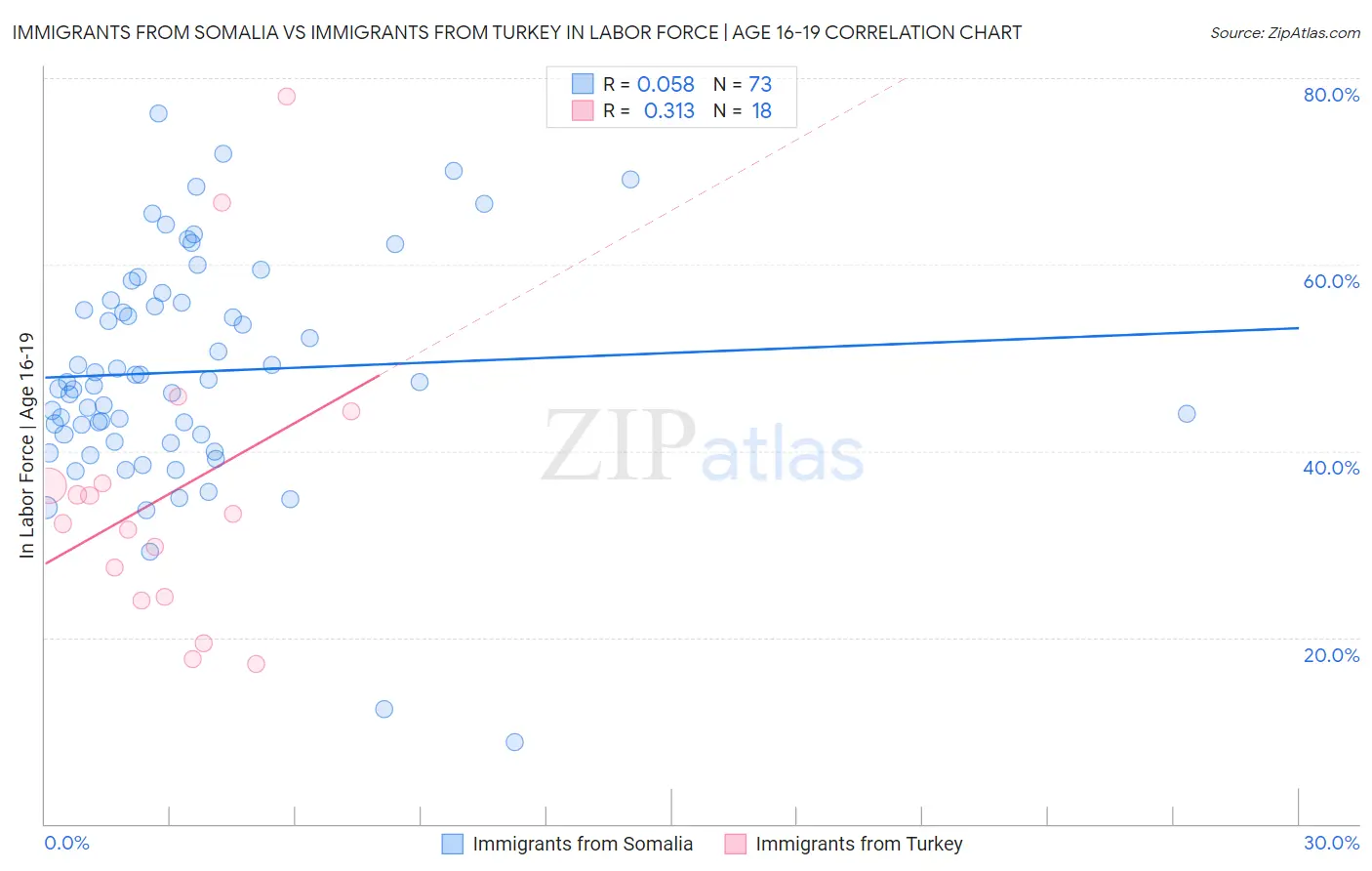 Immigrants from Somalia vs Immigrants from Turkey In Labor Force | Age 16-19