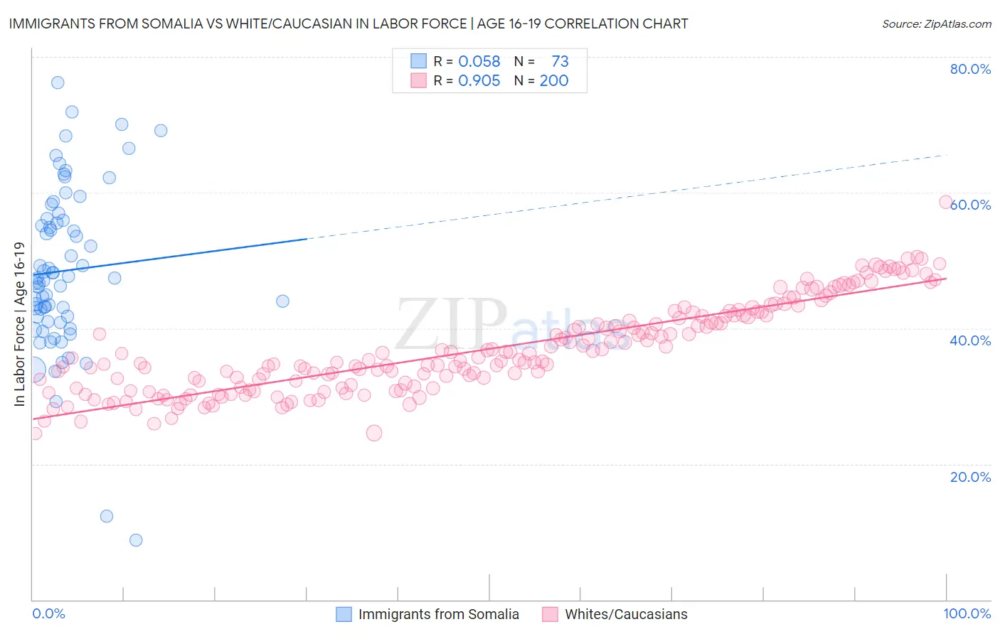 Immigrants from Somalia vs White/Caucasian In Labor Force | Age 16-19