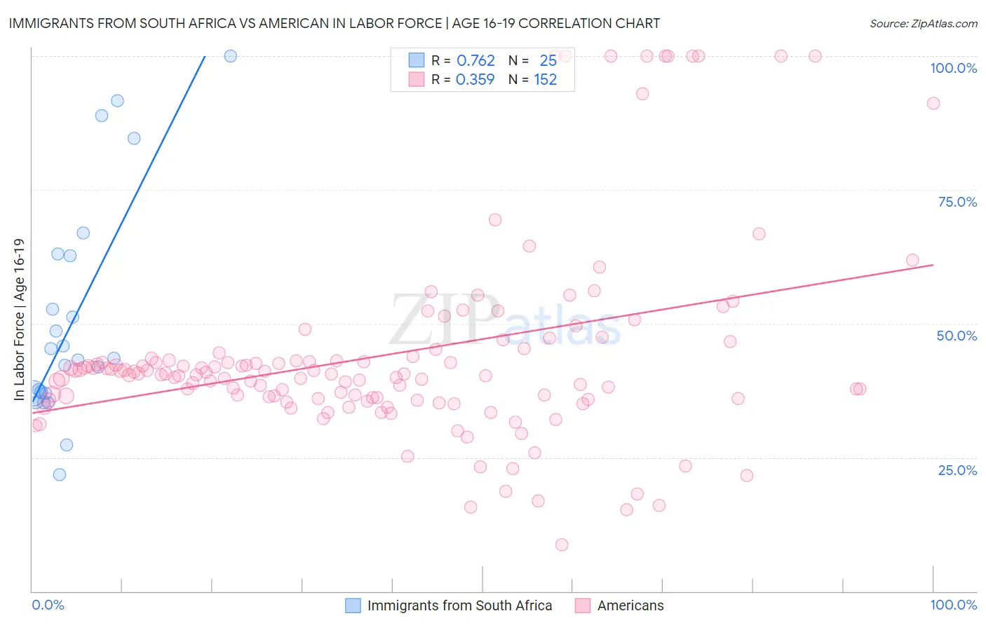 Immigrants from South Africa vs American In Labor Force | Age 16-19