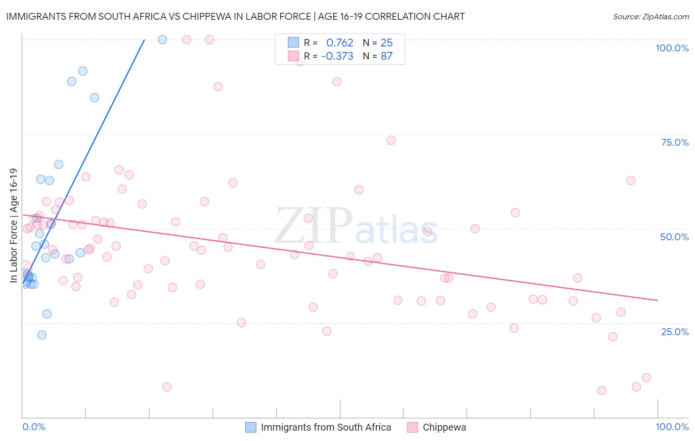 Immigrants from South Africa vs Chippewa In Labor Force | Age 16-19