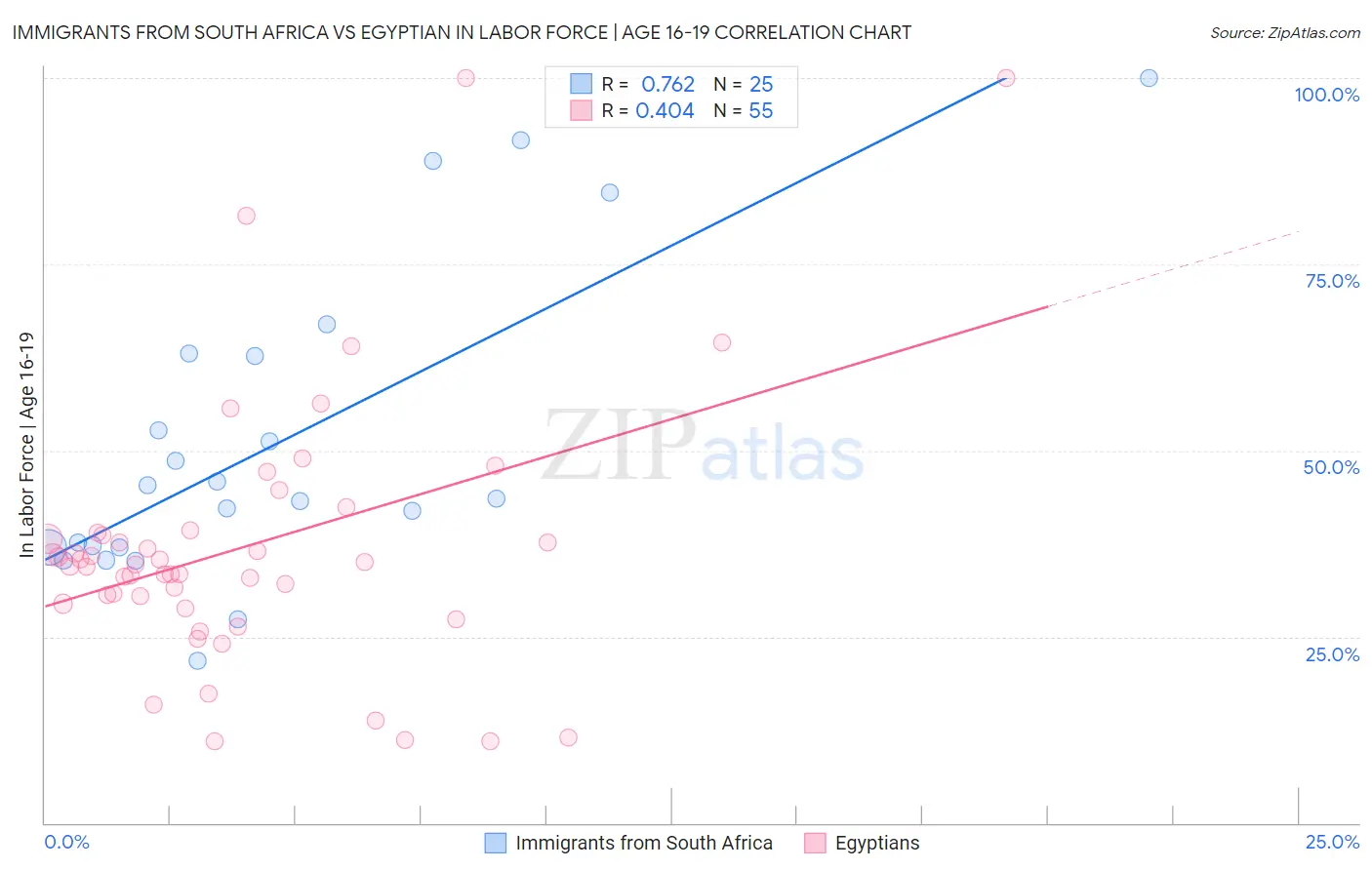 Immigrants from South Africa vs Egyptian In Labor Force | Age 16-19