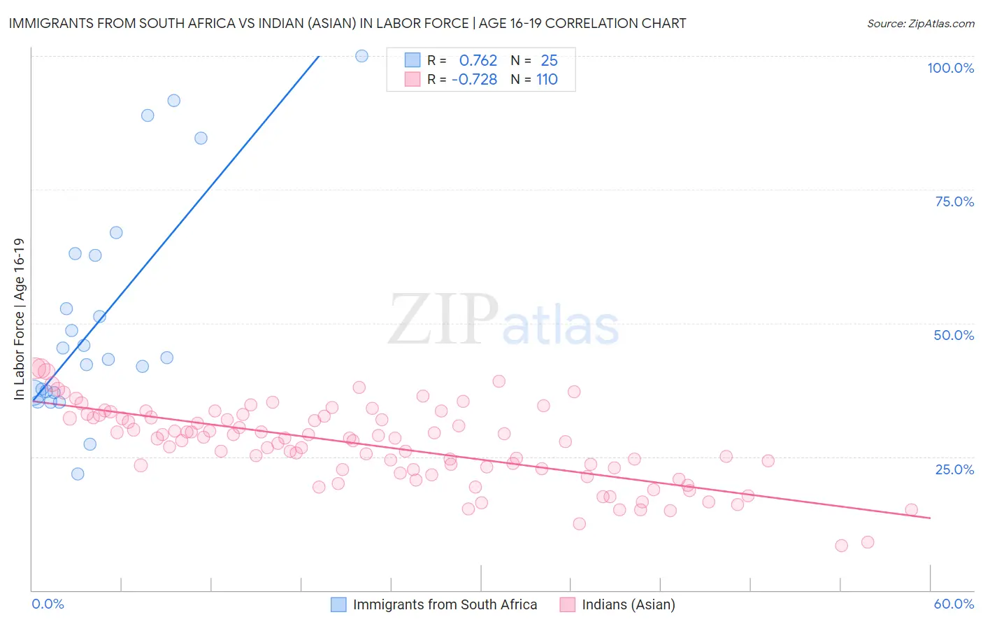 Immigrants from South Africa vs Indian (Asian) In Labor Force | Age 16-19