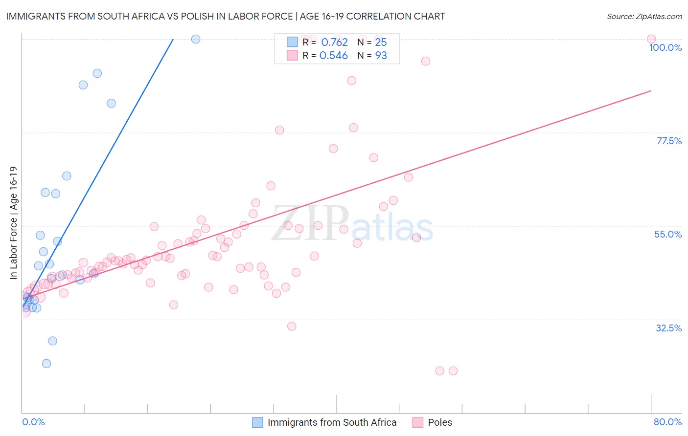 Immigrants from South Africa vs Polish In Labor Force | Age 16-19