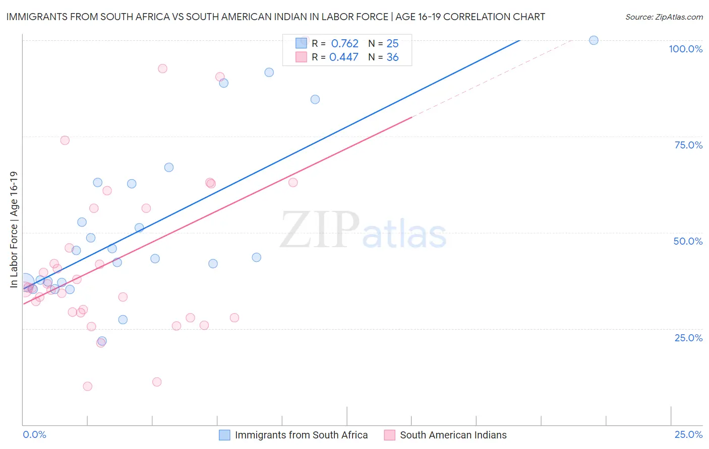 Immigrants from South Africa vs South American Indian In Labor Force | Age 16-19