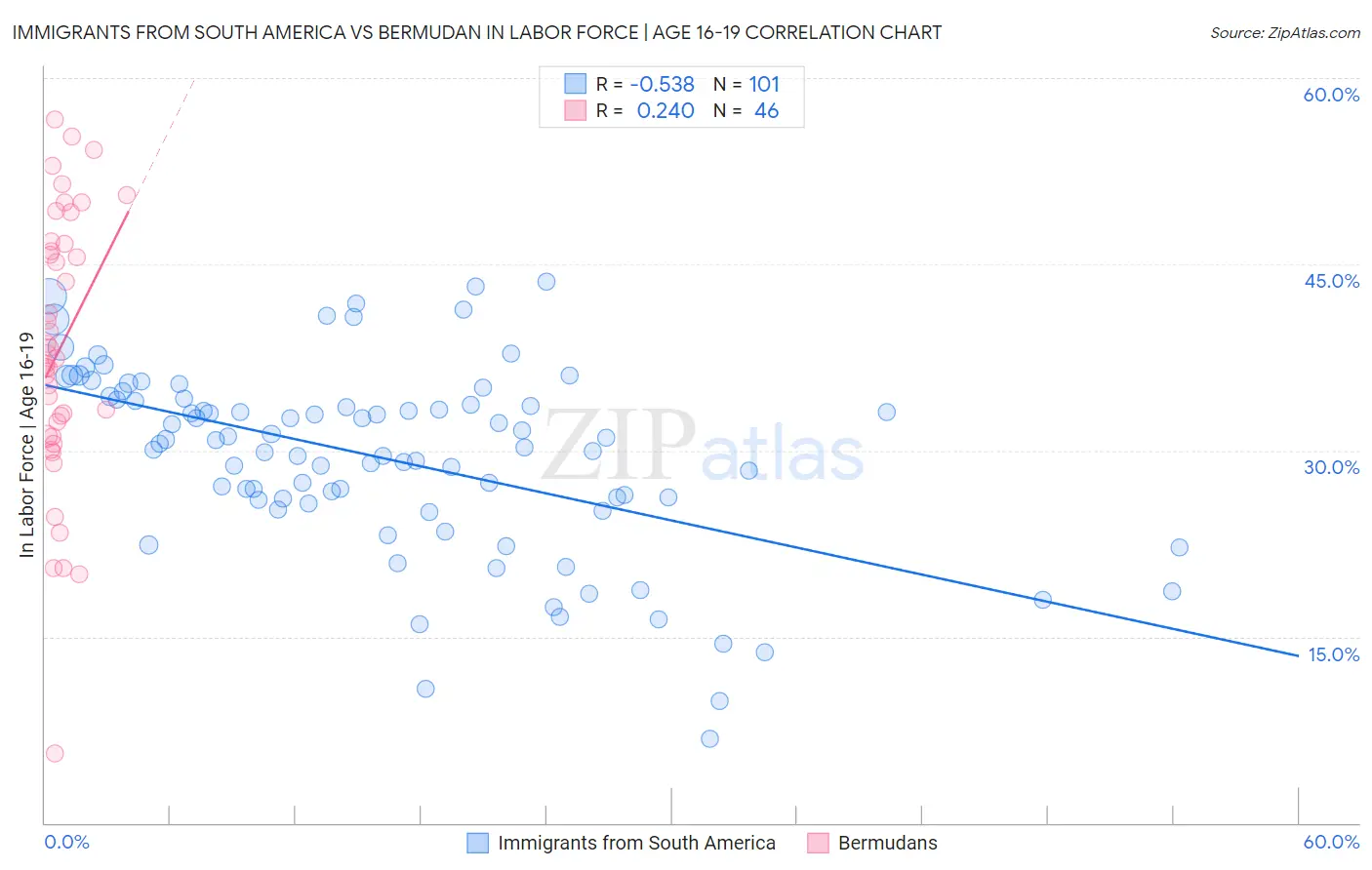 Immigrants from South America vs Bermudan In Labor Force | Age 16-19