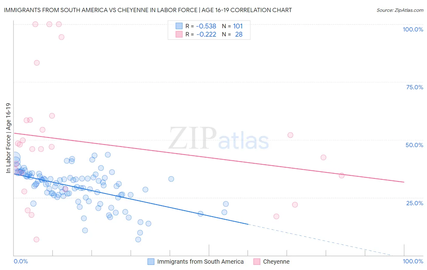 Immigrants from South America vs Cheyenne In Labor Force | Age 16-19