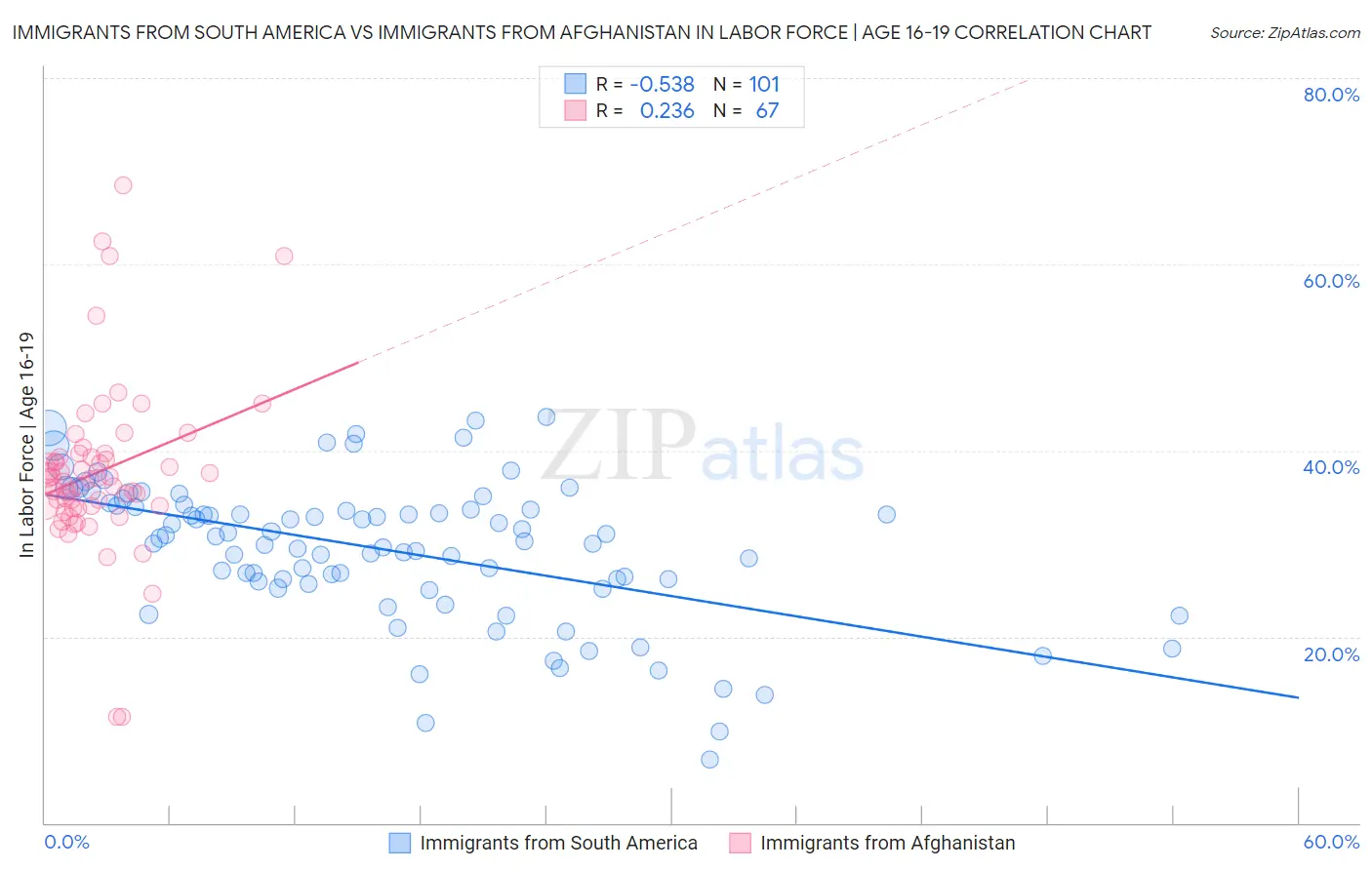 Immigrants from South America vs Immigrants from Afghanistan In Labor Force | Age 16-19