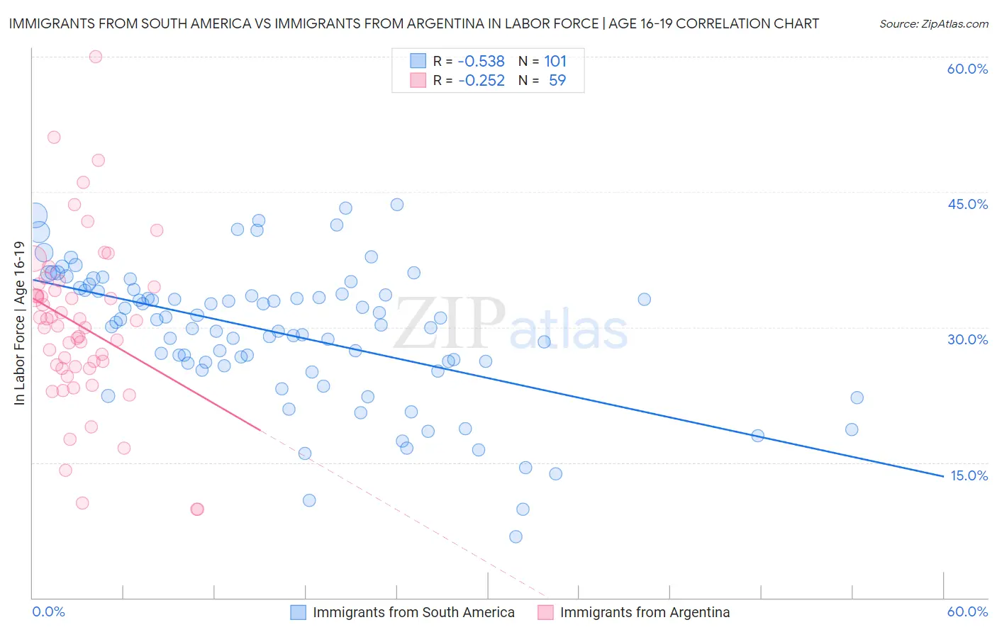 Immigrants from South America vs Immigrants from Argentina In Labor Force | Age 16-19