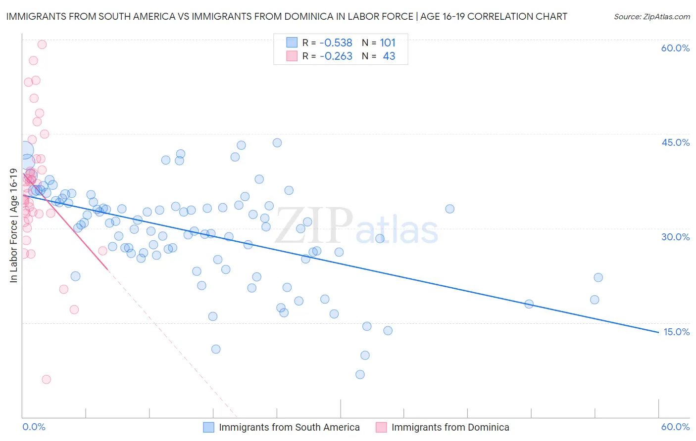 Immigrants from South America vs Immigrants from Dominica In Labor Force | Age 16-19