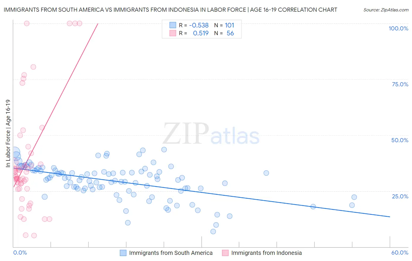 Immigrants from South America vs Immigrants from Indonesia In Labor Force | Age 16-19