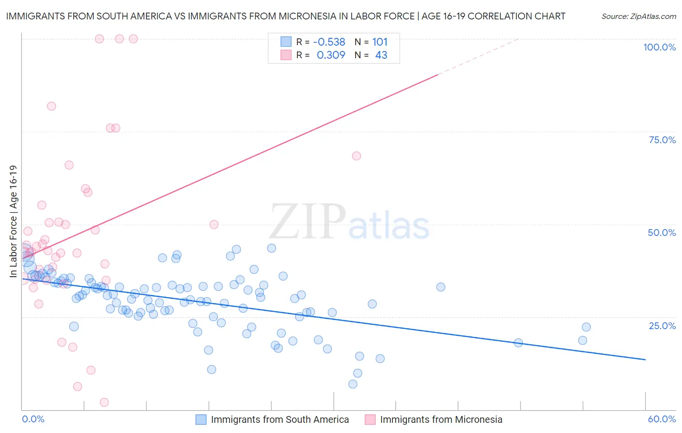 Immigrants from South America vs Immigrants from Micronesia In Labor Force | Age 16-19