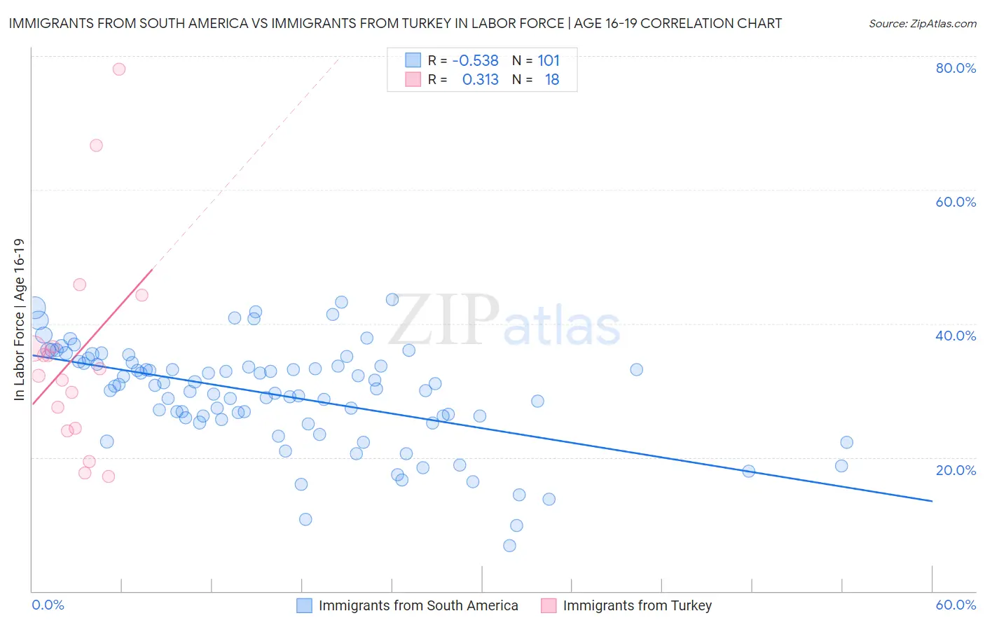 Immigrants from South America vs Immigrants from Turkey In Labor Force | Age 16-19