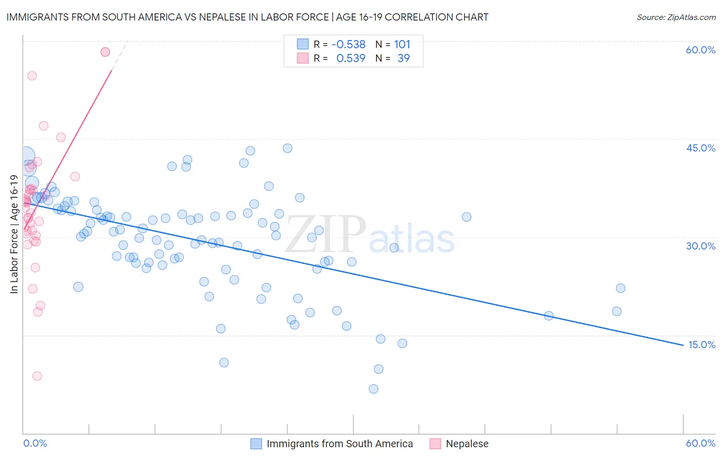 Immigrants from South America vs Nepalese In Labor Force | Age 16-19