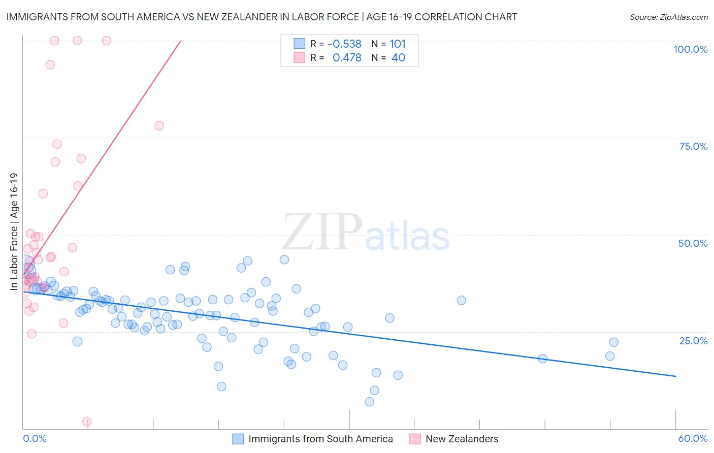 Immigrants from South America vs New Zealander In Labor Force | Age 16-19