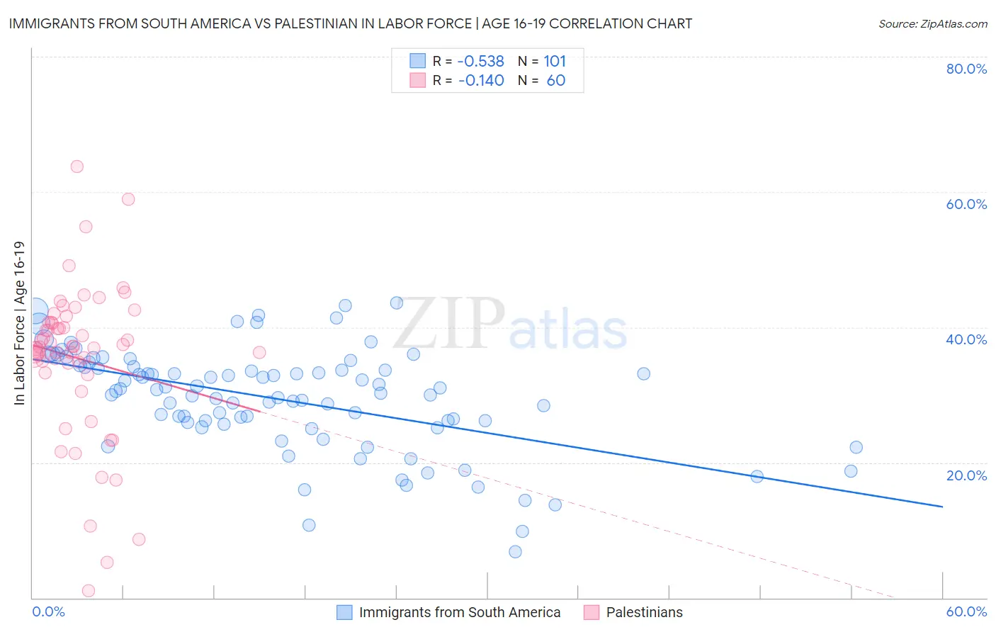 Immigrants from South America vs Palestinian In Labor Force | Age 16-19