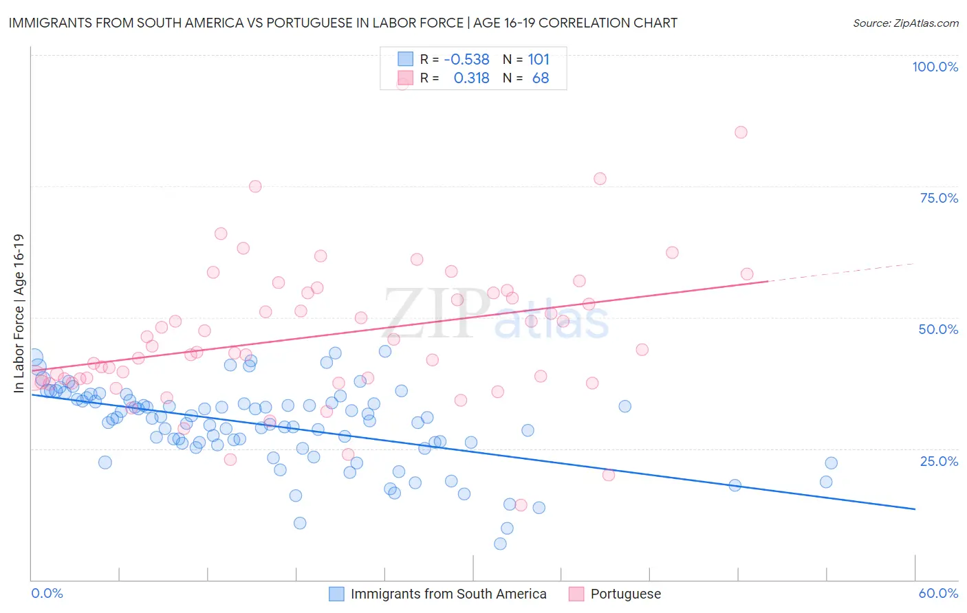 Immigrants from South America vs Portuguese In Labor Force | Age 16-19