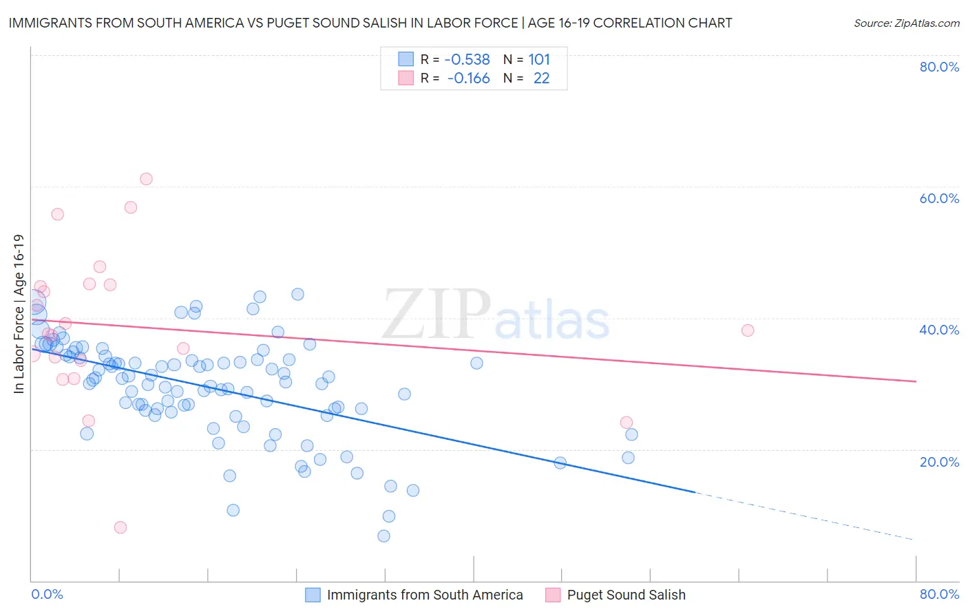 Immigrants from South America vs Puget Sound Salish In Labor Force | Age 16-19