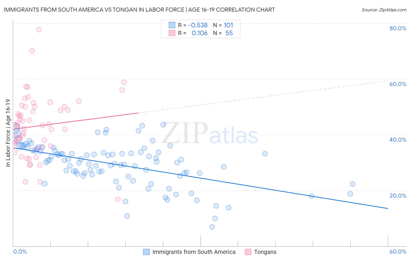 Immigrants from South America vs Tongan In Labor Force | Age 16-19