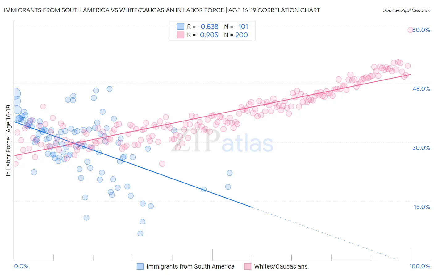 Immigrants from South America vs White/Caucasian In Labor Force | Age 16-19