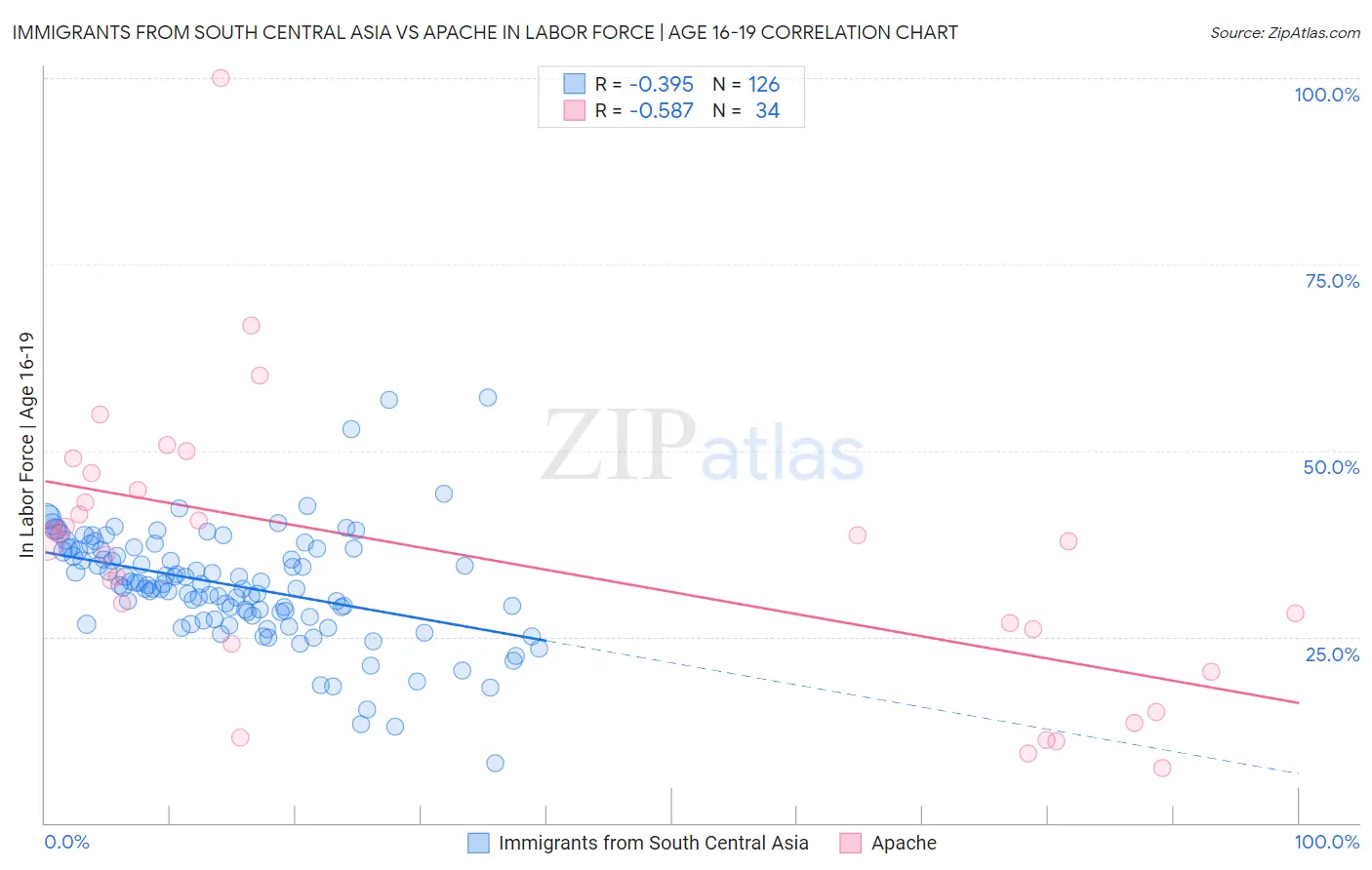 Immigrants from South Central Asia vs Apache In Labor Force | Age 16-19