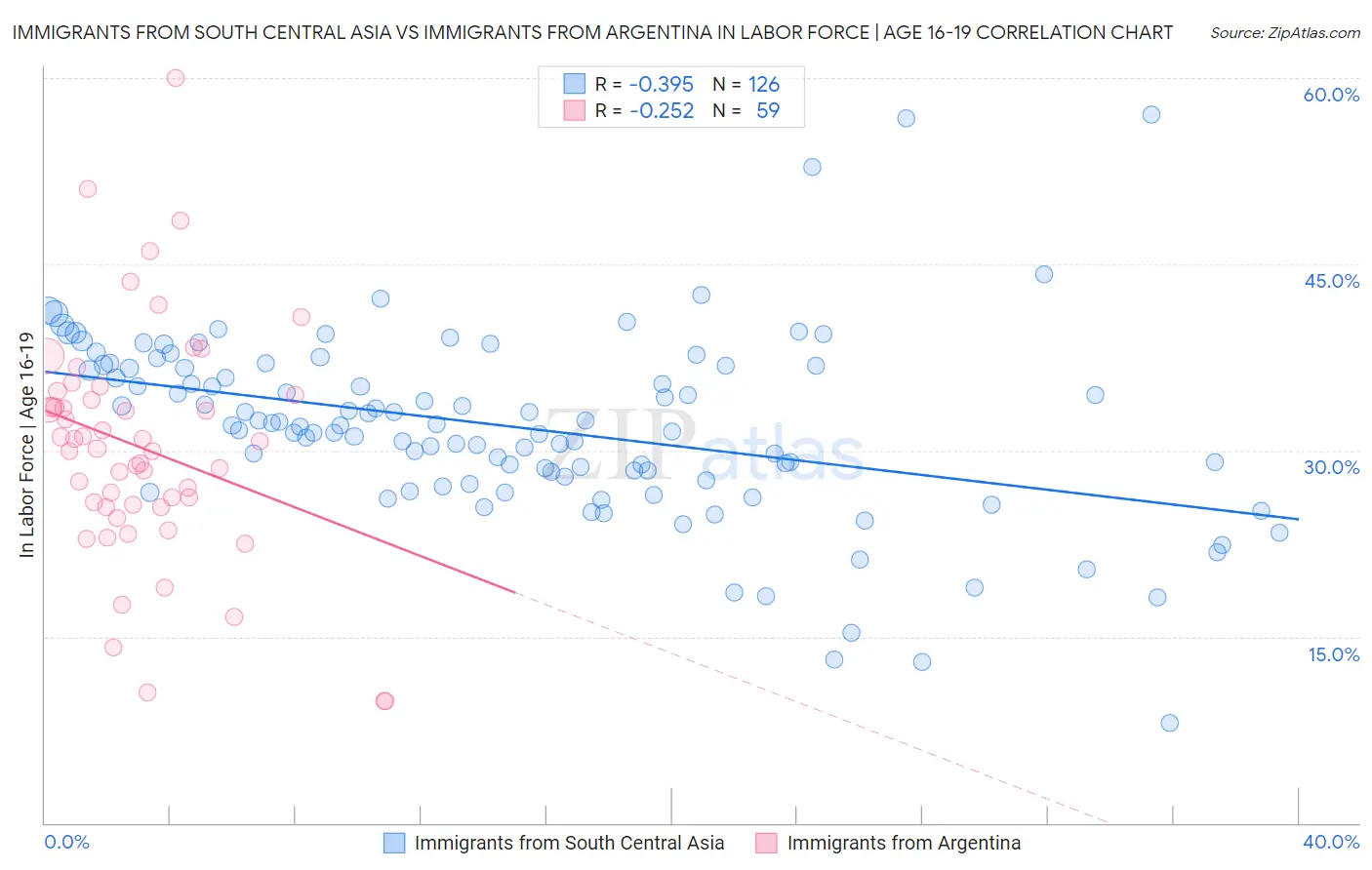 Immigrants from South Central Asia vs Immigrants from Argentina In Labor Force | Age 16-19