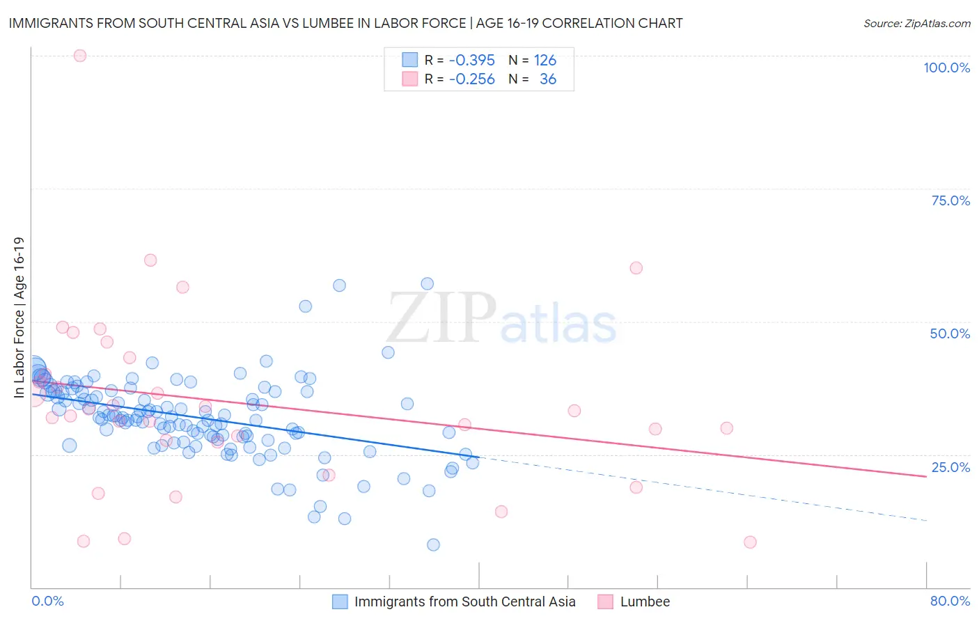 Immigrants from South Central Asia vs Lumbee In Labor Force | Age 16-19