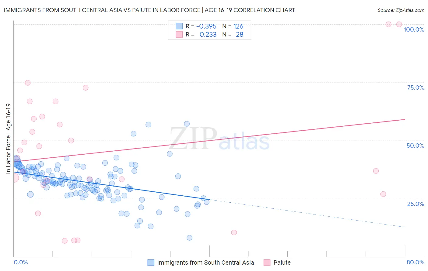 Immigrants from South Central Asia vs Paiute In Labor Force | Age 16-19