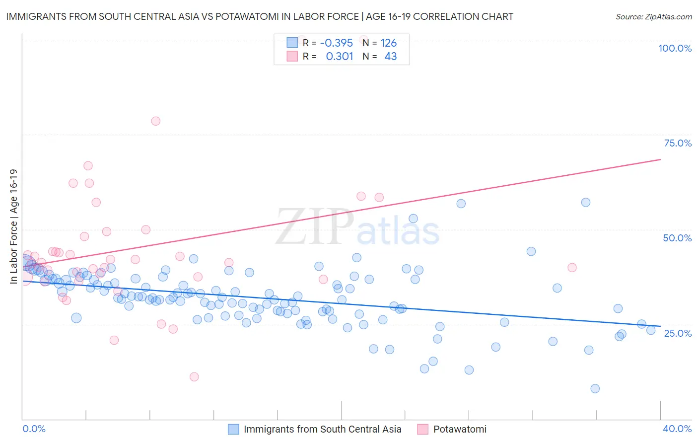 Immigrants from South Central Asia vs Potawatomi In Labor Force | Age 16-19