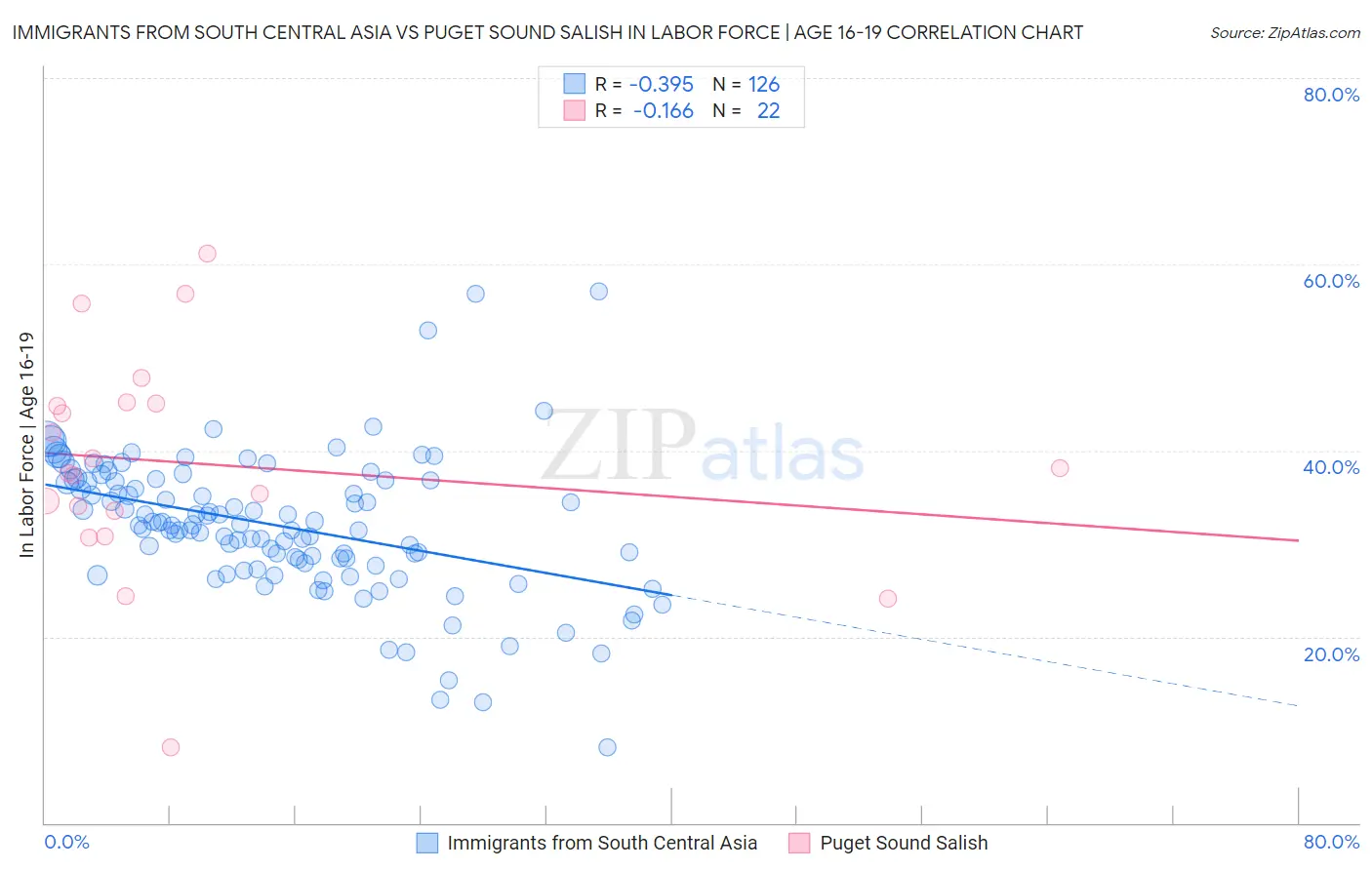 Immigrants from South Central Asia vs Puget Sound Salish In Labor Force | Age 16-19