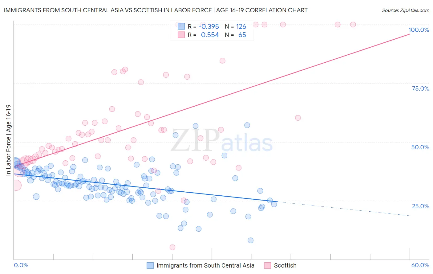 Immigrants from South Central Asia vs Scottish In Labor Force | Age 16-19