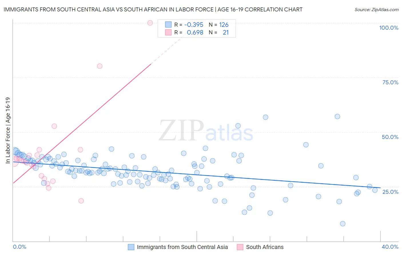 Immigrants from South Central Asia vs South African In Labor Force | Age 16-19