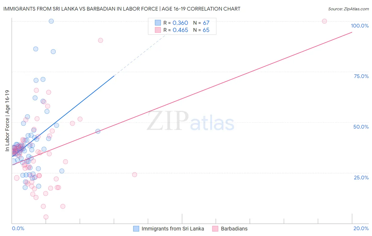Immigrants from Sri Lanka vs Barbadian In Labor Force | Age 16-19