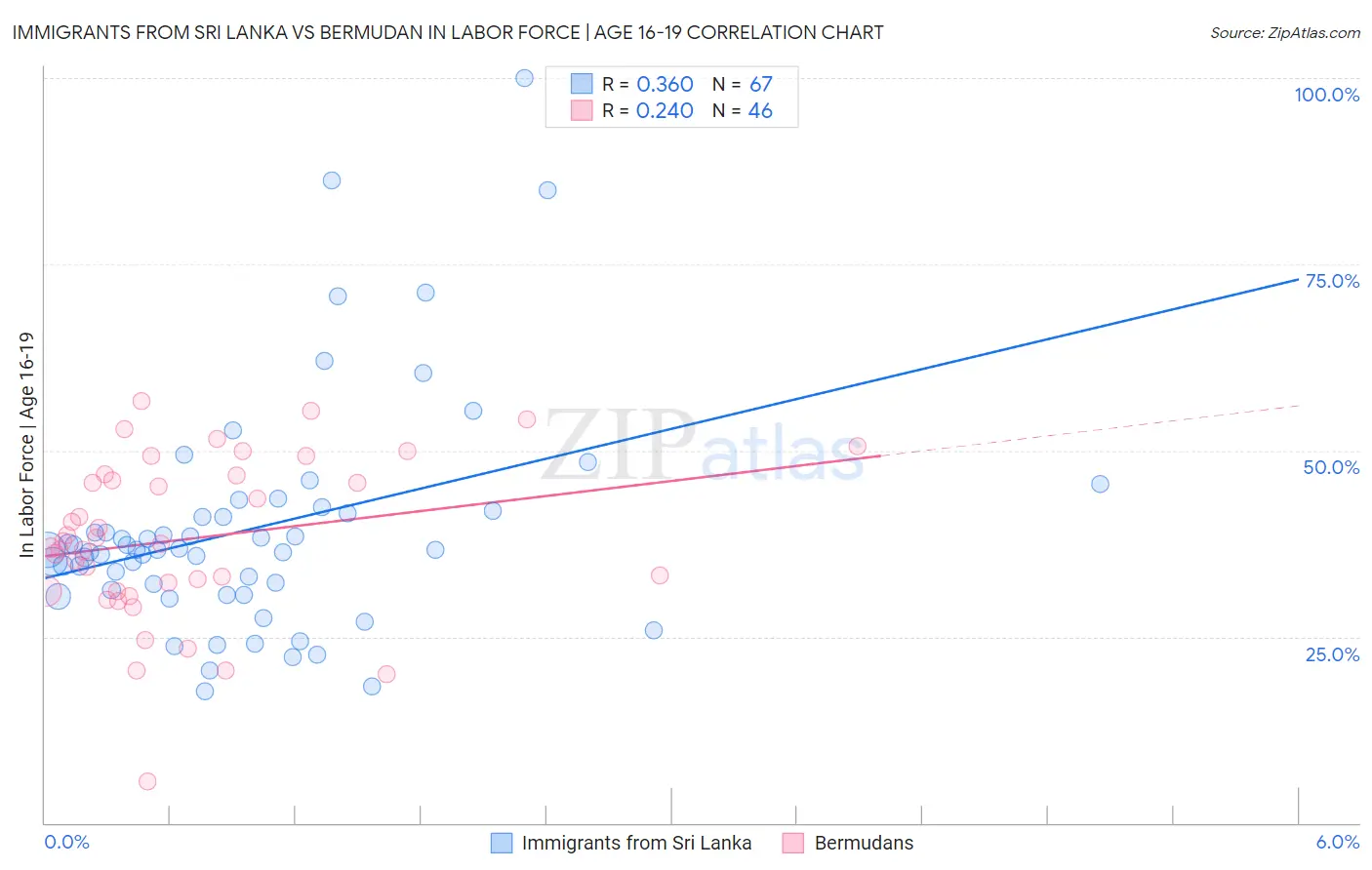 Immigrants from Sri Lanka vs Bermudan In Labor Force | Age 16-19