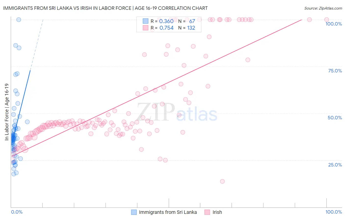 Immigrants from Sri Lanka vs Irish In Labor Force | Age 16-19