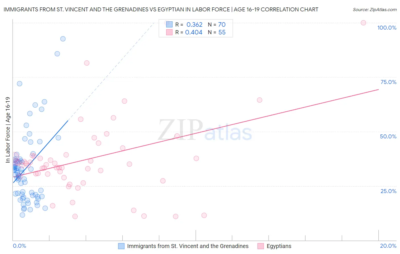 Immigrants from St. Vincent and the Grenadines vs Egyptian In Labor Force | Age 16-19