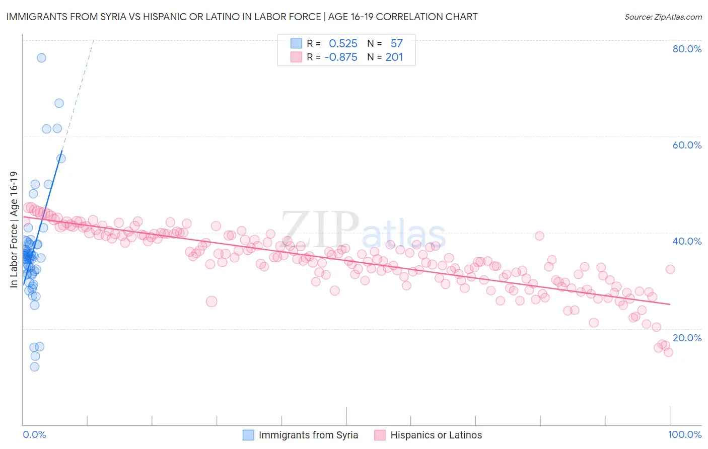Immigrants from Syria vs Hispanic or Latino In Labor Force | Age 16-19