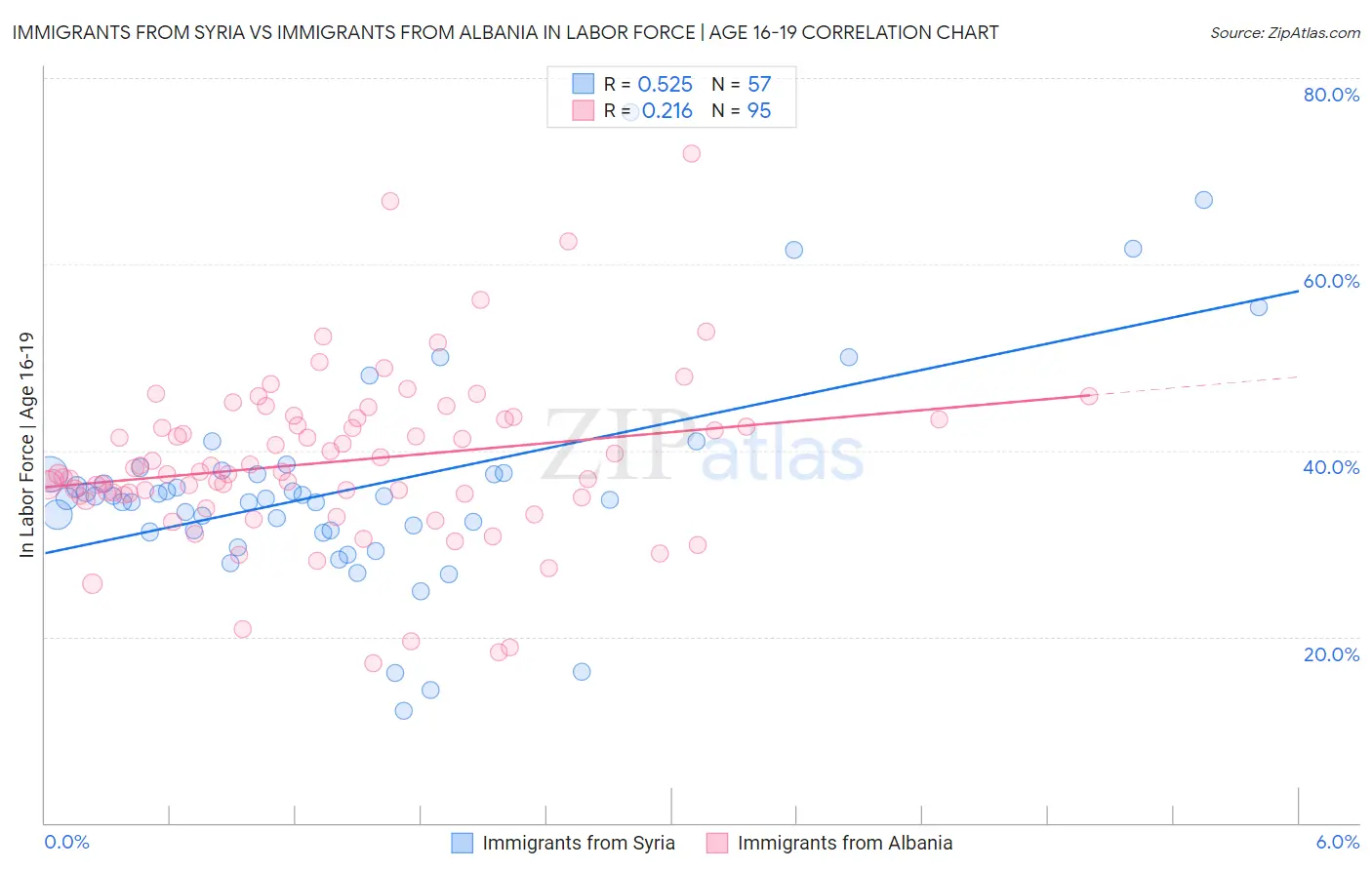 Immigrants from Syria vs Immigrants from Albania In Labor Force | Age 16-19