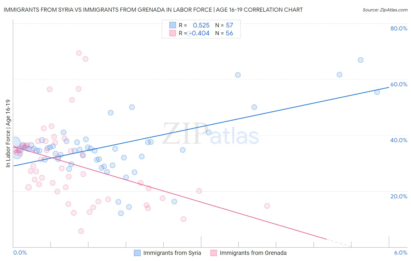 Immigrants from Syria vs Immigrants from Grenada In Labor Force | Age 16-19