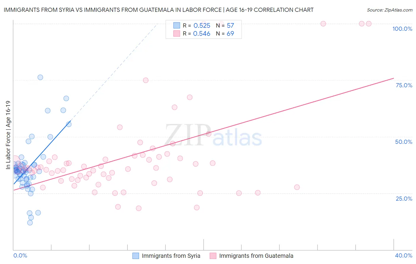 Immigrants from Syria vs Immigrants from Guatemala In Labor Force | Age 16-19