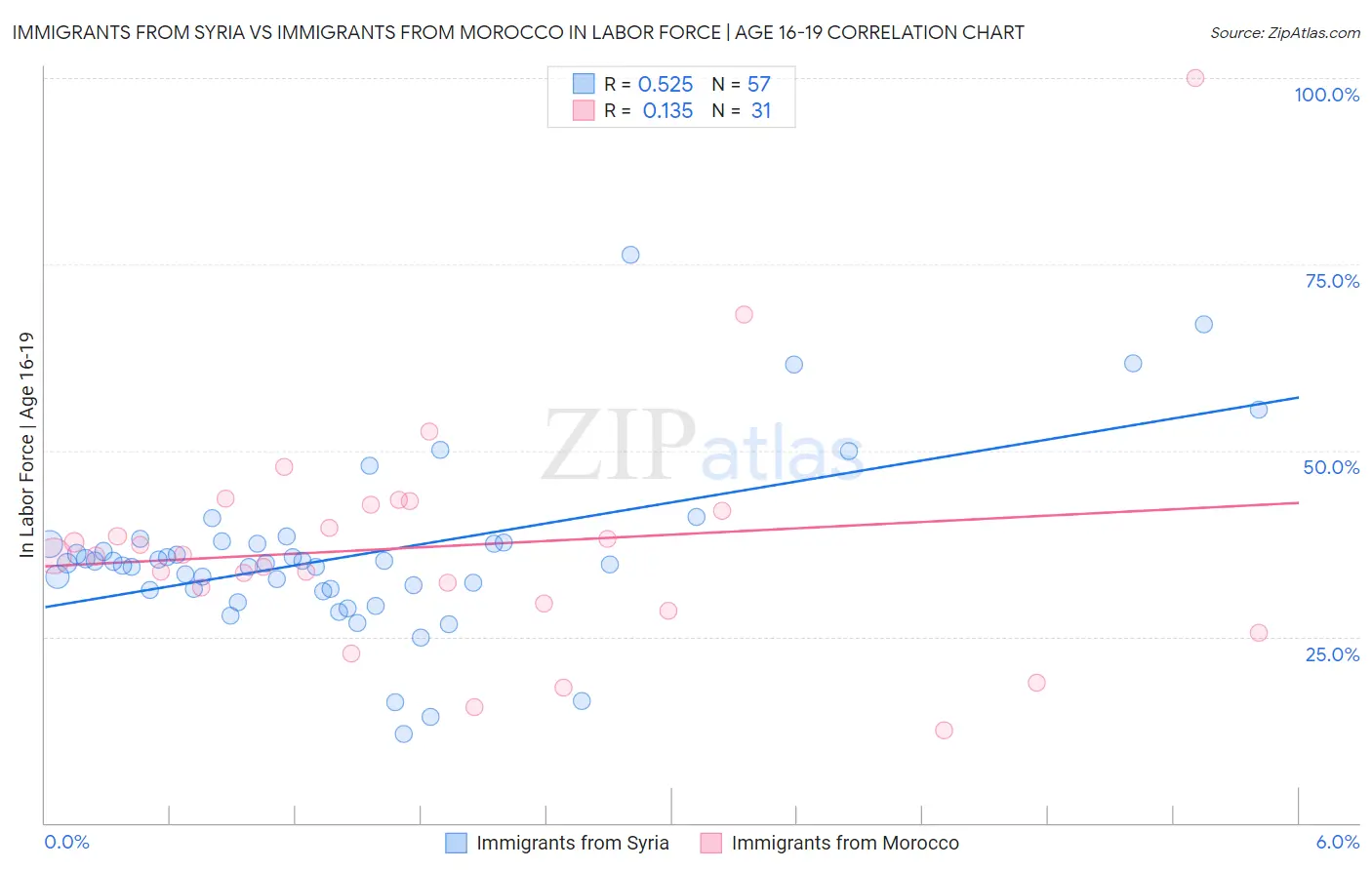 Immigrants from Syria vs Immigrants from Morocco In Labor Force | Age 16-19