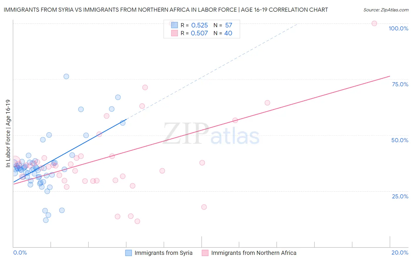 Immigrants from Syria vs Immigrants from Northern Africa In Labor Force | Age 16-19