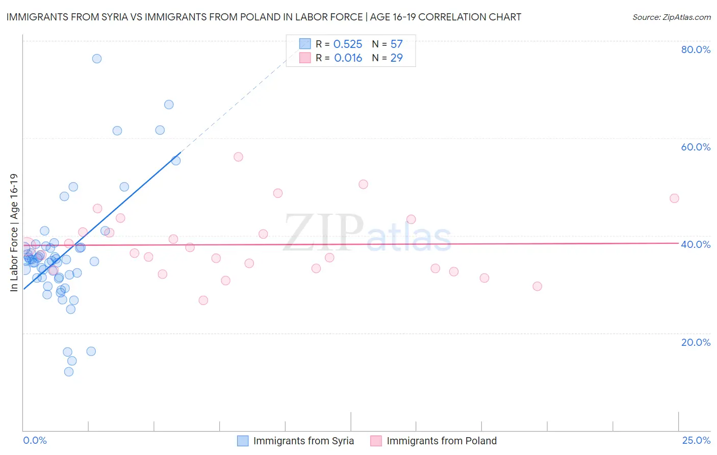 Immigrants from Syria vs Immigrants from Poland In Labor Force | Age 16-19
