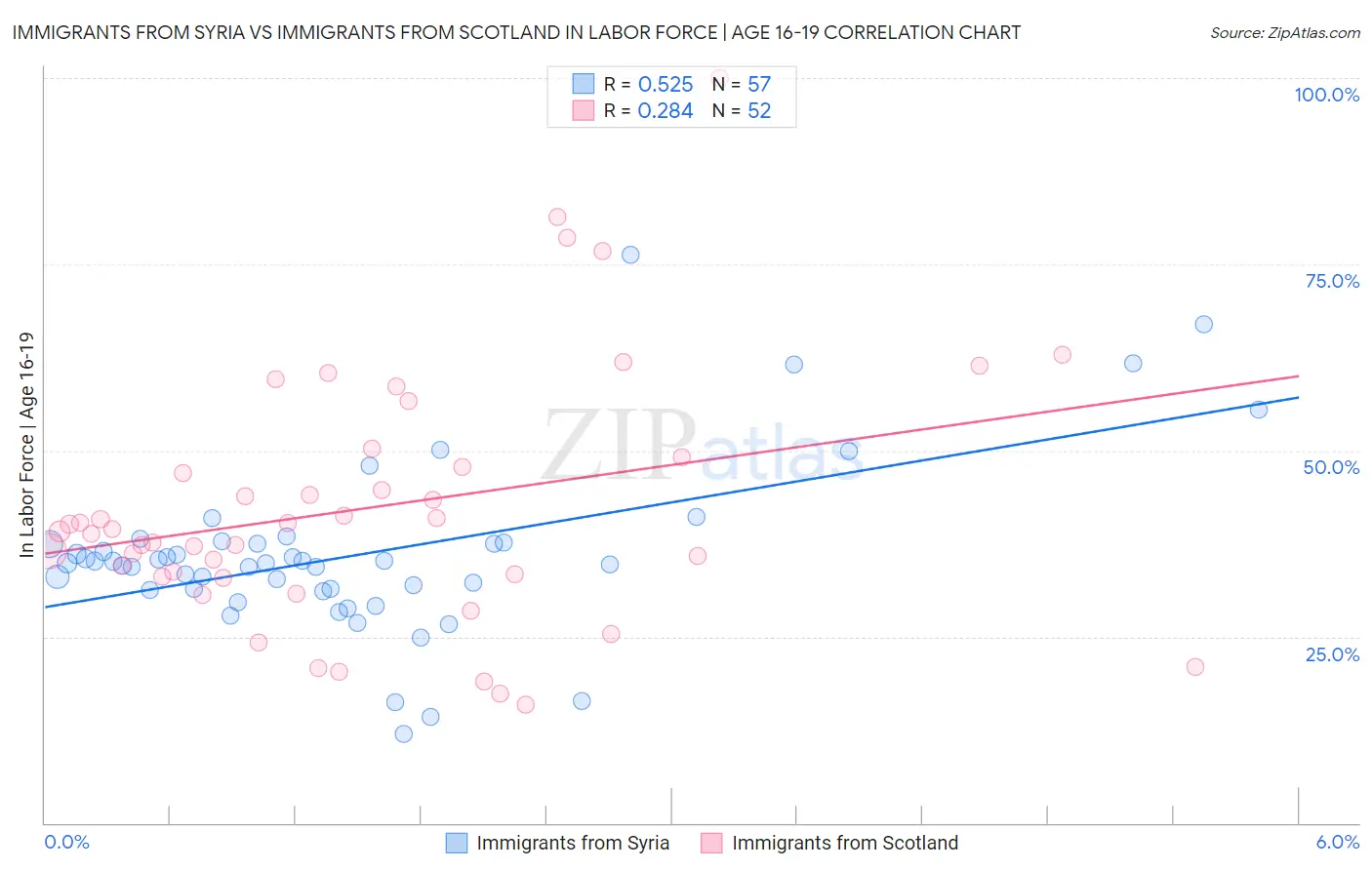 Immigrants from Syria vs Immigrants from Scotland In Labor Force | Age 16-19