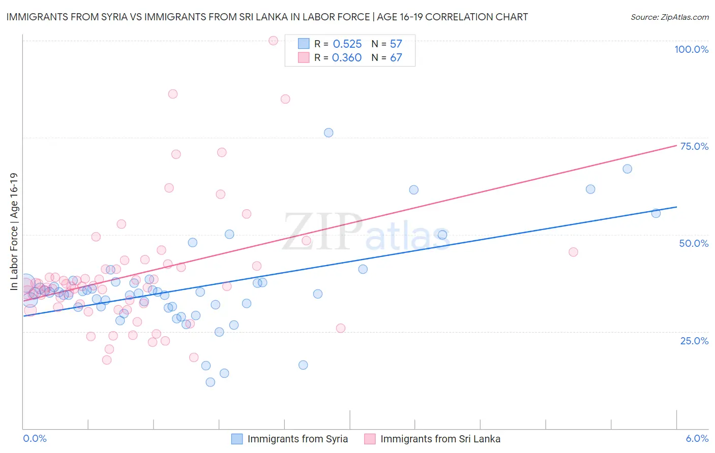 Immigrants from Syria vs Immigrants from Sri Lanka In Labor Force | Age 16-19